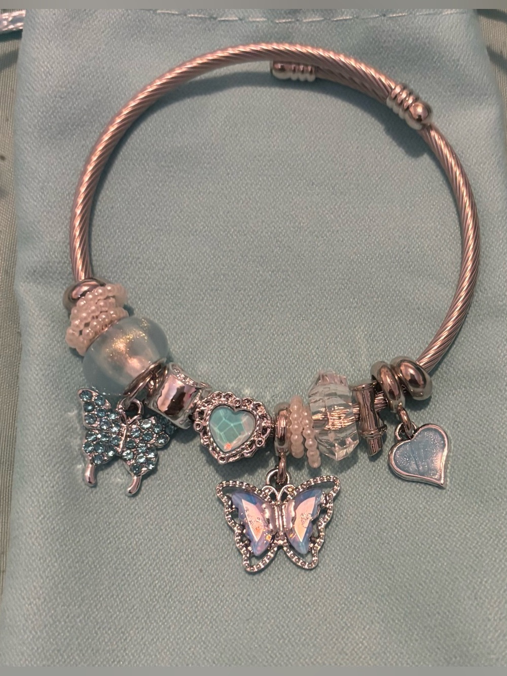 Silver-Tone Blue Butterfly Charm Bangle Bracelet